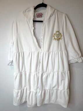 Vtg 90s Y2k Rare JUICY COUTURE White Hooded Robe Ruffles Tiered Robe Large